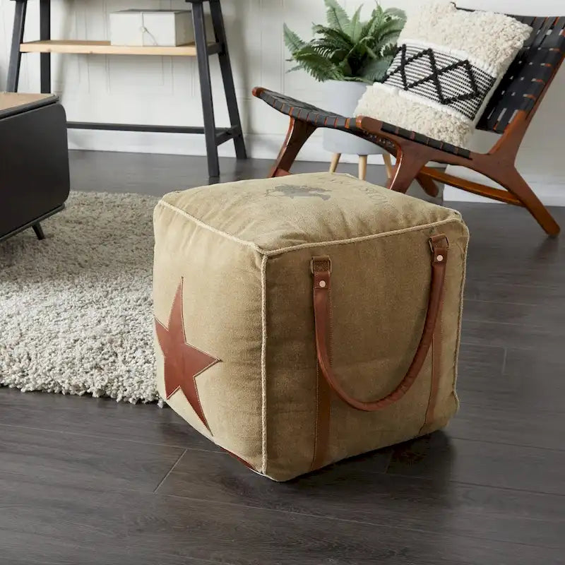 Pouf carré rustique en toile et cuir avec poignées, marron blanc crème