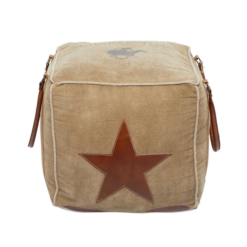 Pouf carré rustique en toile et cuir avec poignées, marron blanc crème