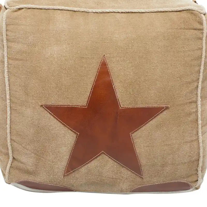 Pouf carré rustique en toile et cuir avec poignées, marron blanc crème