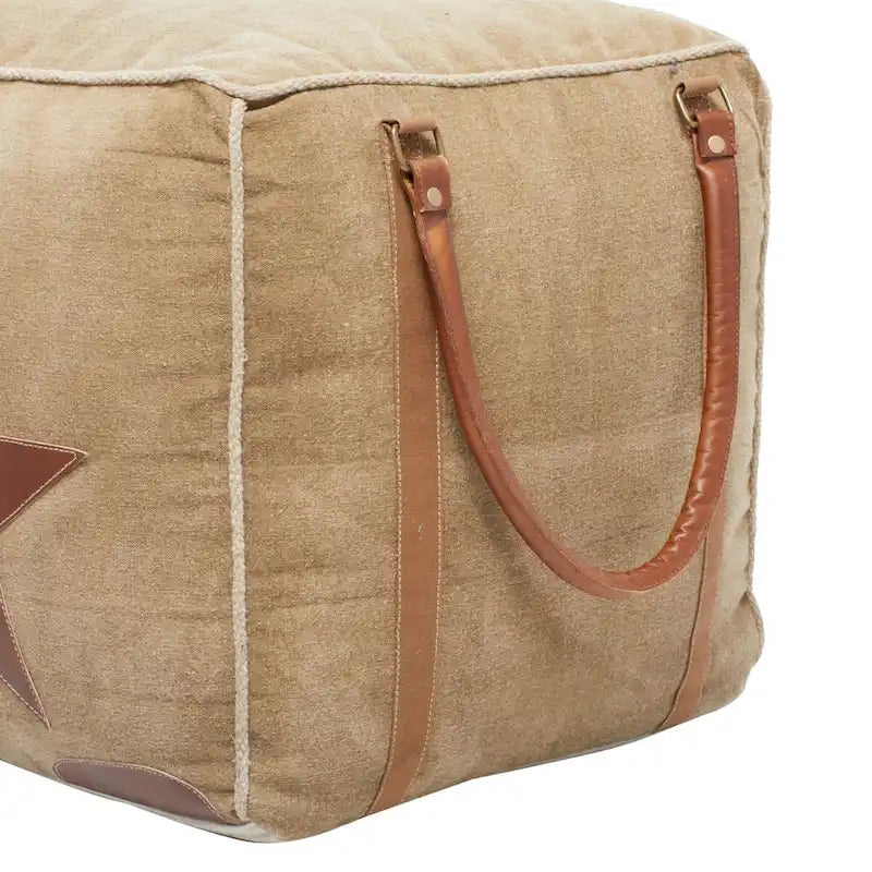 Pouf carré rustique en toile et cuir avec poignées, marron blanc crème