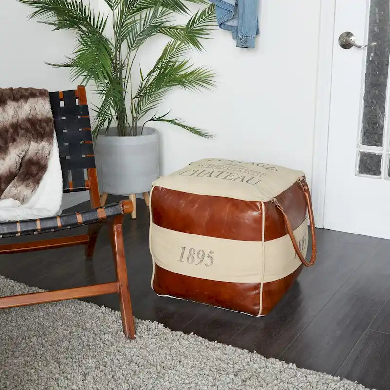 Pouf carré rustique en toile et cuir avec poignées, marron blanc crème