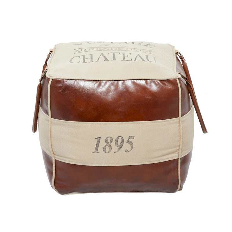 Pouf carré rustique en toile et cuir avec poignées, marron blanc crème