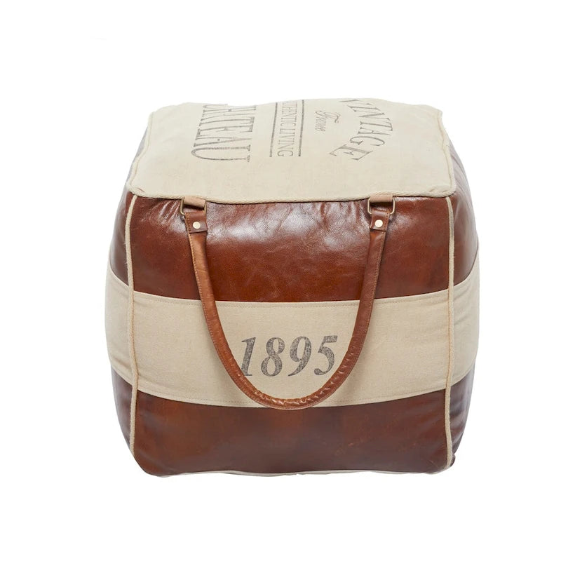 Pouf carré rustique en toile et cuir avec poignées, marron blanc crème