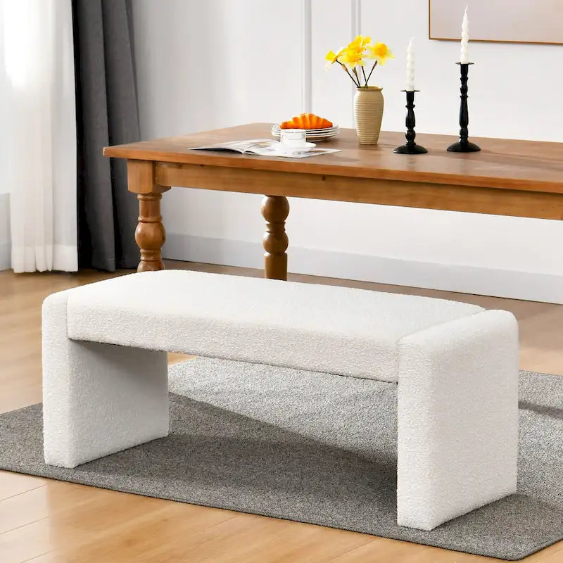 Banc d'appoint rembourré en bouclette blanche avec rembourrage en mousse style moderne