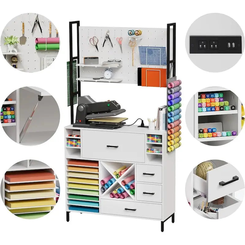 Armoire de rangement blanche pour loisirs créatifs avec panneau perforé et station de recharge intégrée