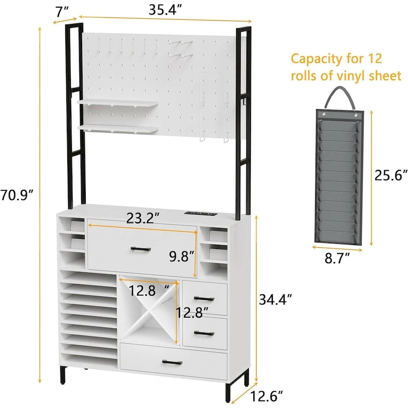 Armoire de rangement blanche pour loisirs créatifs avec panneau perforé et station de recharge intégrée