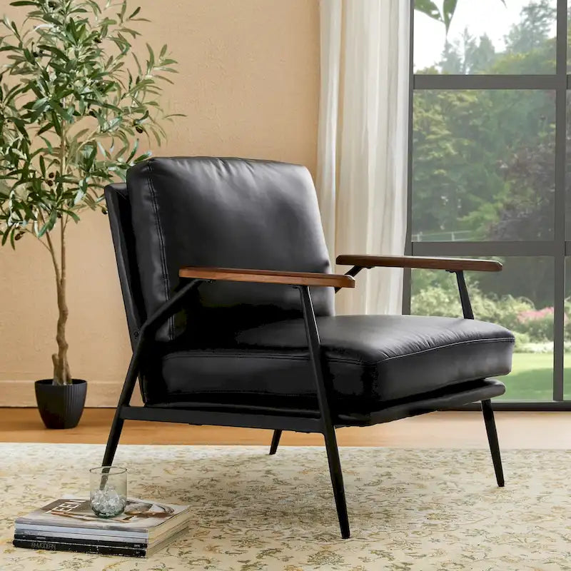 Fauteuil d'appoint moderne du milieu du siècle en similicuir avec accoudoirs en bois, noir