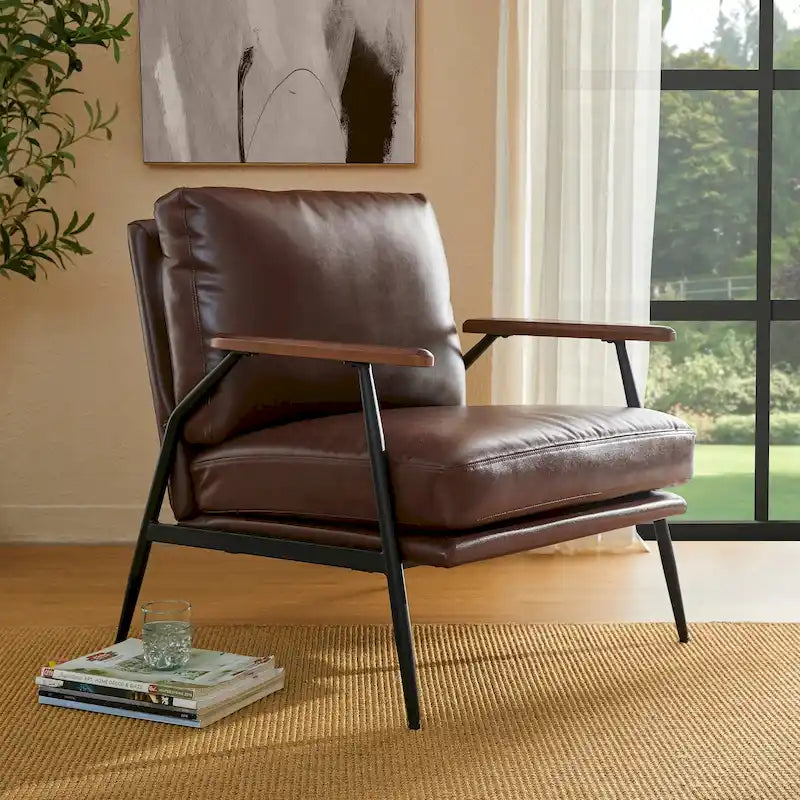 Fauteuil d'appoint moderne du milieu du siècle en similicuir avec accoudoirs en bois, noir