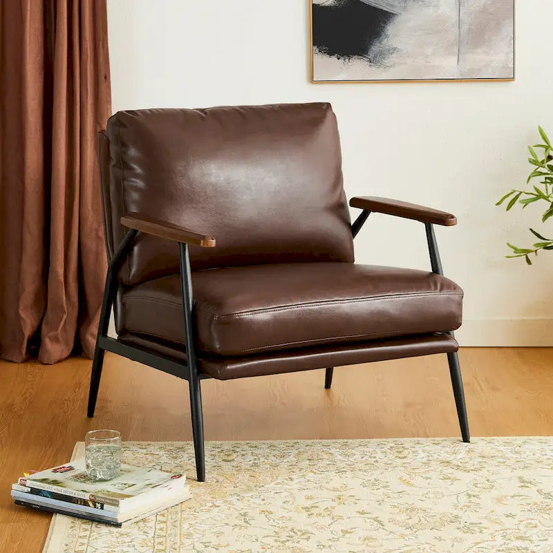 Fauteuil d'appoint moderne du milieu du siècle en similicuir avec accoudoirs en bois, noir