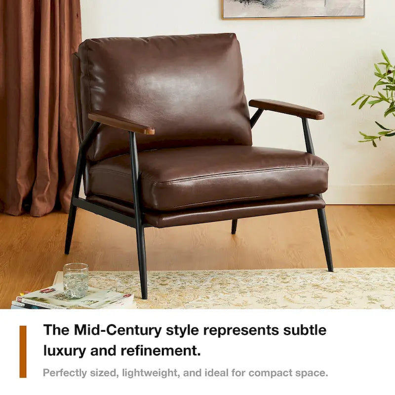 Fauteuil d'appoint moderne du milieu du siècle en similicuir avec accoudoirs en bois, noir