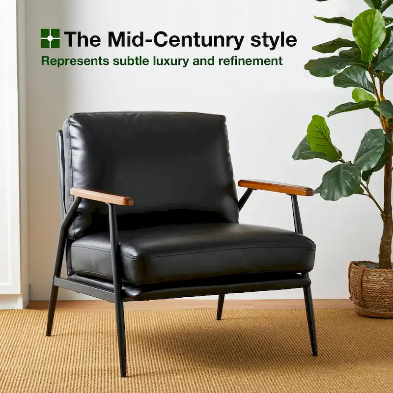 Fauteuil d'appoint moderne du milieu du siècle en similicuir avec accoudoirs en bois, noir