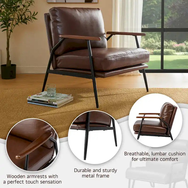 Fauteuil d'appoint moderne du milieu du siècle en similicuir avec accoudoirs en bois, noir