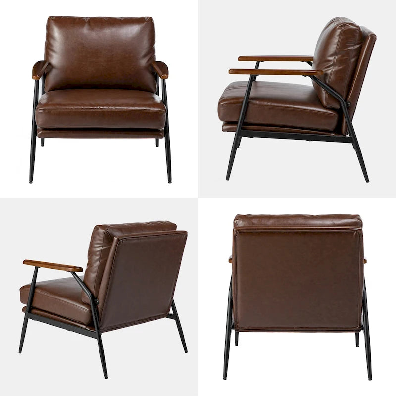 Fauteuil d'appoint moderne du milieu du siècle en similicuir avec accoudoirs en bois, noir
