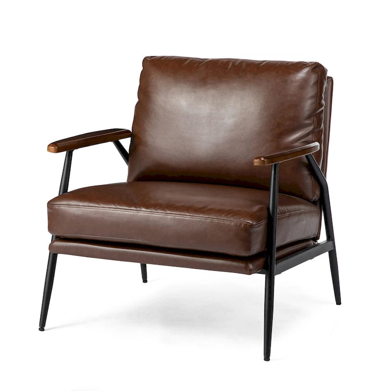 Fauteuil d'appoint moderne du milieu du siècle en similicuir avec accoudoirs en bois, noir