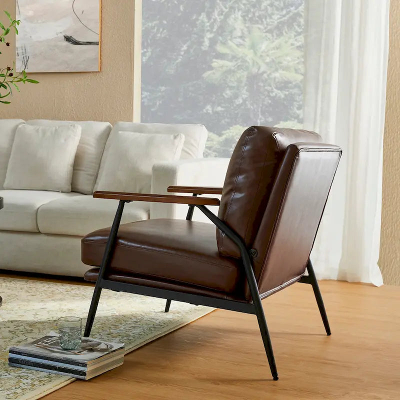 Fauteuil d'appoint moderne du milieu du siècle en similicuir avec accoudoirs en bois, noir