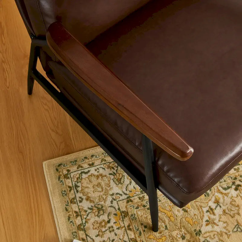 Fauteuil d'appoint moderne du milieu du siècle en similicuir avec accoudoirs en bois, noir