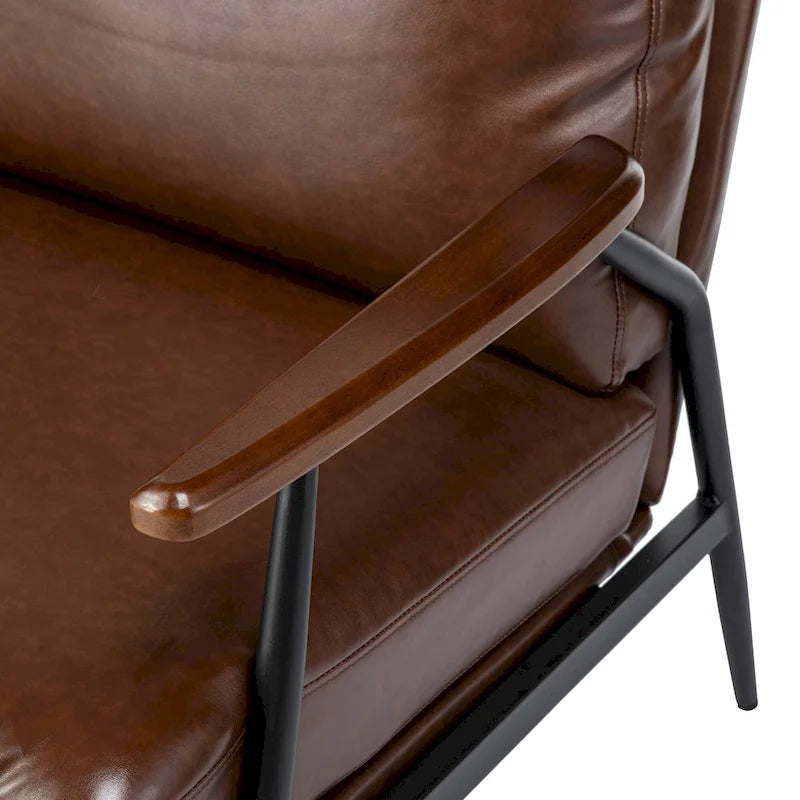 Fauteuil d'appoint moderne du milieu du siècle en similicuir avec accoudoirs en bois, noir