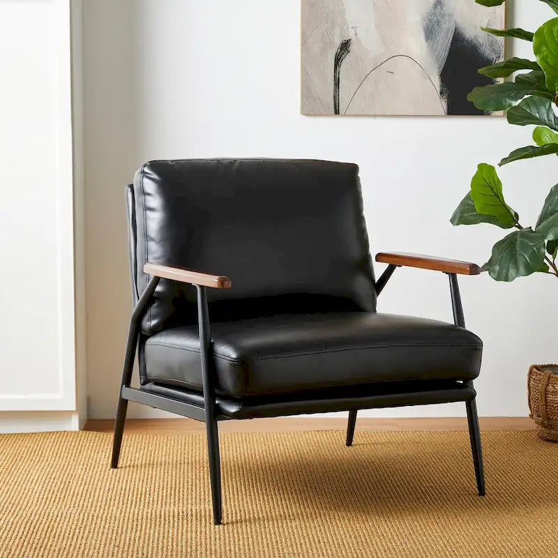 Fauteuil d'appoint moderne du milieu du siècle en similicuir avec accoudoirs en bois, noir