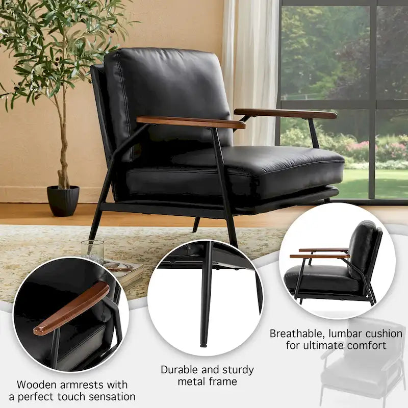 Fauteuil d'appoint moderne du milieu du siècle en similicuir avec accoudoirs en bois, noir