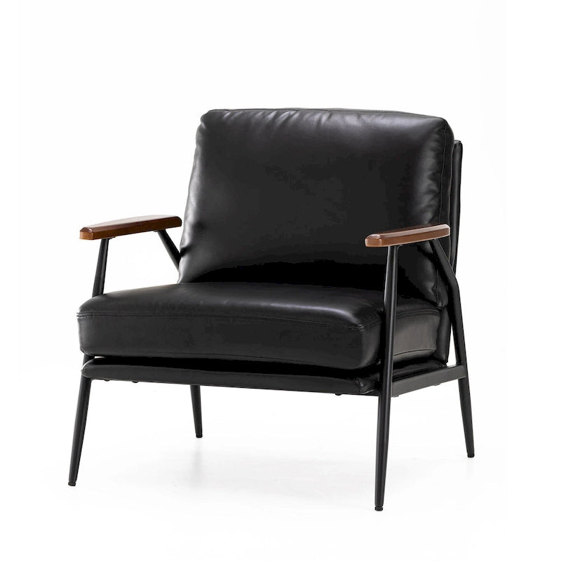 Fauteuil d'appoint moderne du milieu du siècle en similicuir avec accoudoirs en bois, noir