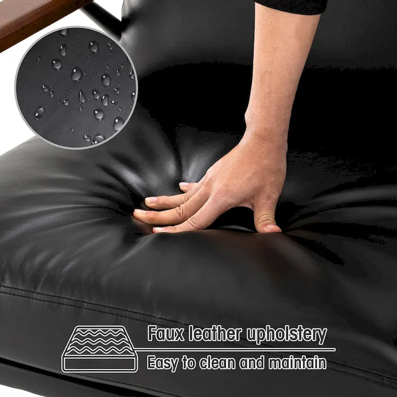 Fauteuil d'appoint moderne du milieu du siècle en similicuir avec accoudoirs en bois, noir