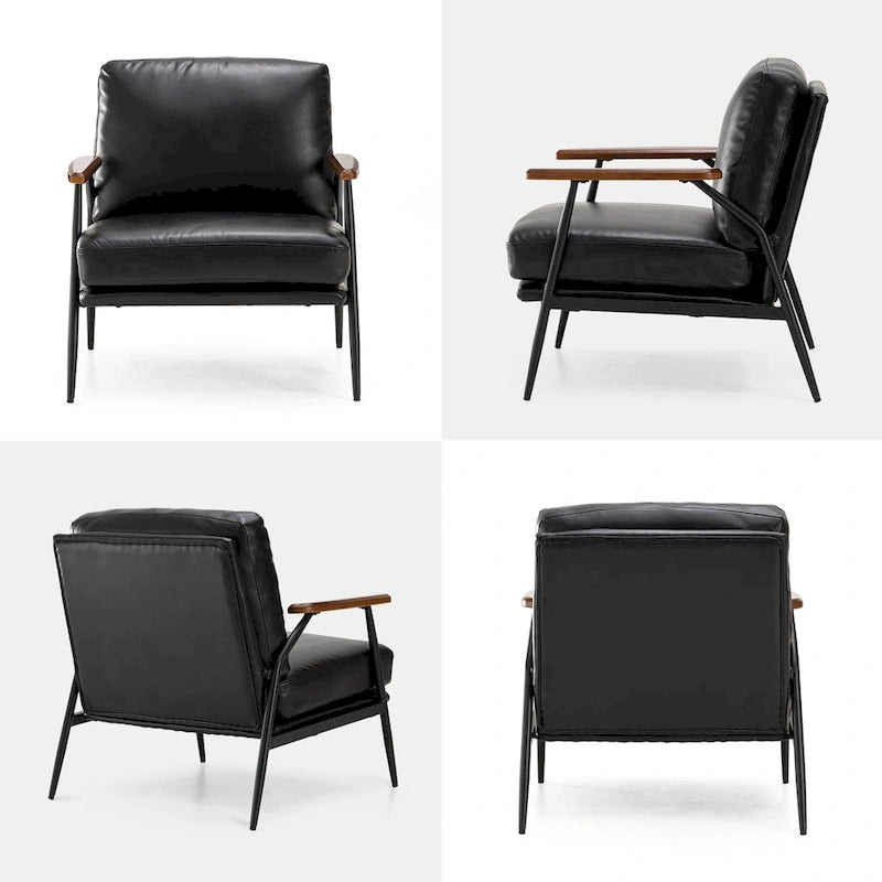 Fauteuil d'appoint moderne du milieu du siècle en similicuir avec accoudoirs en bois, noir