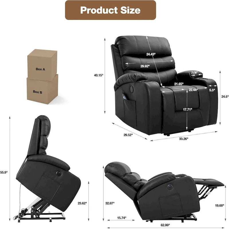 Fauteuil inclinable releveur avec fonction massage et chauffage, en cuir PU, porte-gobelets, port USB, marron et noir