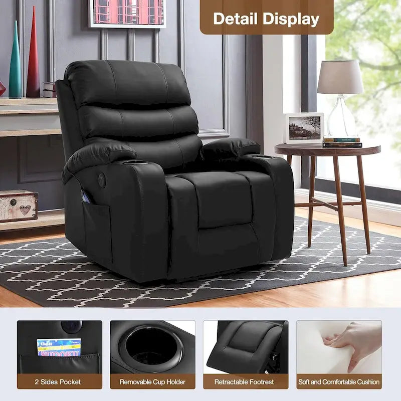 Fauteuil inclinable releveur avec fonction massage et chauffage, en cuir PU, porte-gobelets, port USB, marron et noir