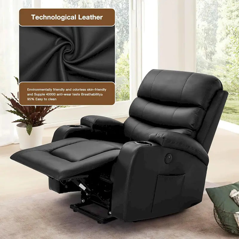 Fauteuil inclinable releveur avec fonction massage et chauffage, en cuir PU, porte-gobelets, port USB, marron et noir