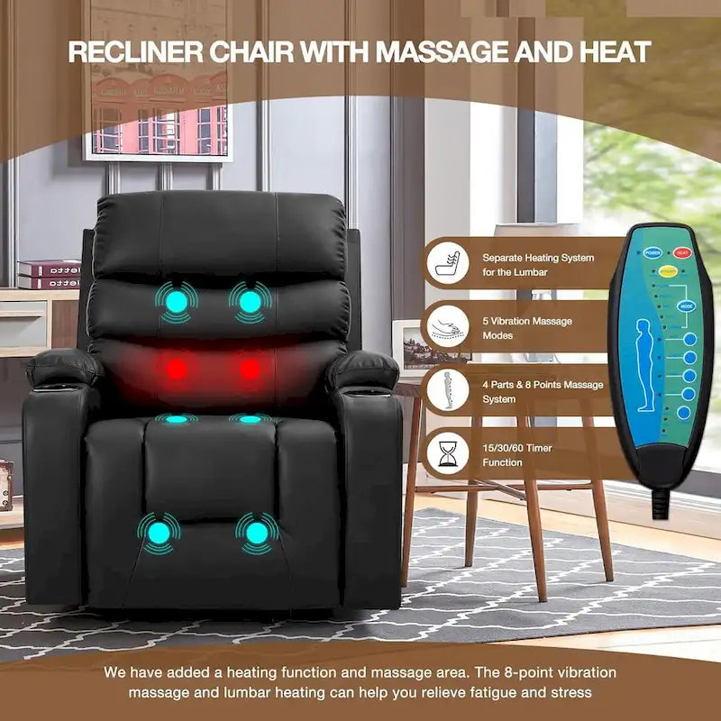 Fauteuil inclinable releveur avec fonction massage et chauffage, en cuir PU, porte-gobelets, port USB, marron et noir