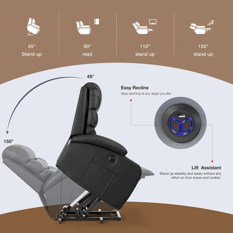 Fauteuil inclinable releveur avec fonction massage et chauffage, en cuir PU, porte-gobelets, port USB, marron et noir