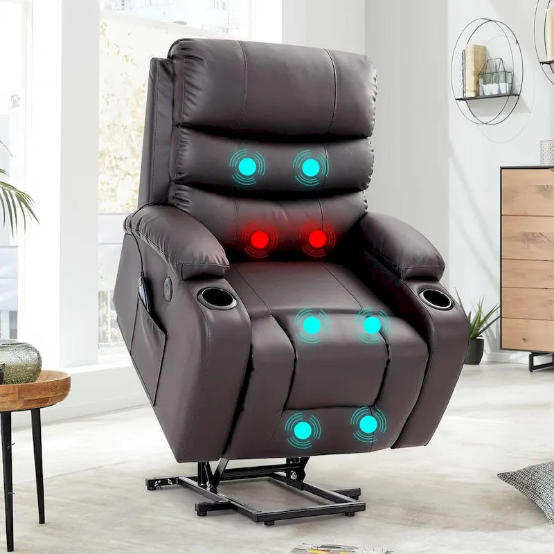 Fauteuil inclinable releveur avec fonction massage et chauffage, en cuir PU, porte-gobelets, port USB, marron et noir