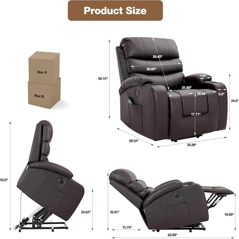 Fauteuil inclinable releveur avec fonction massage et chauffage, en cuir PU, porte-gobelets, port USB, marron et noir