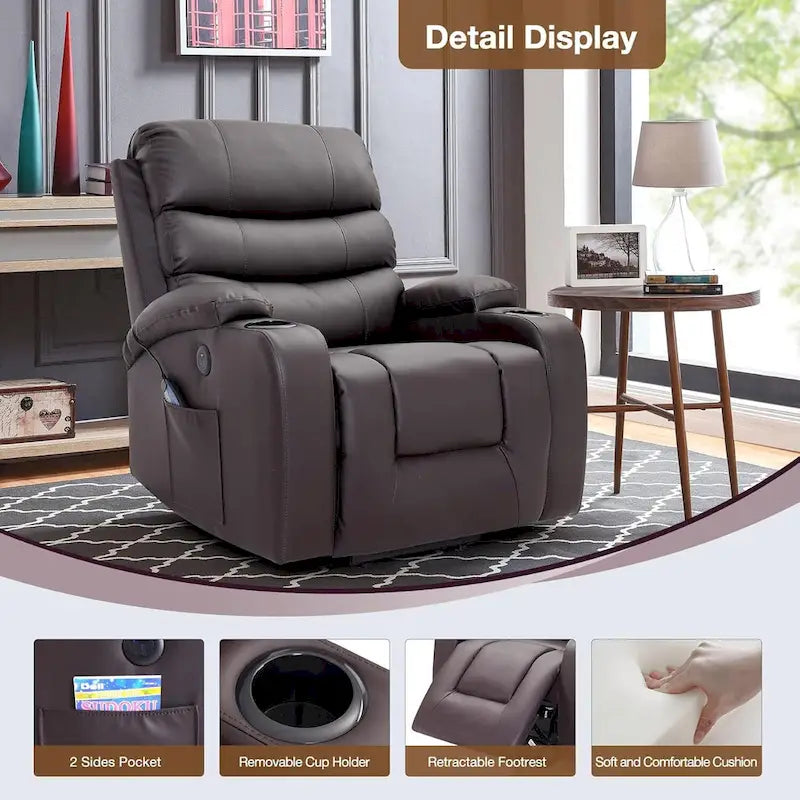 Fauteuil inclinable releveur avec fonction massage et chauffage, en cuir PU, porte-gobelets, port USB, marron et noir