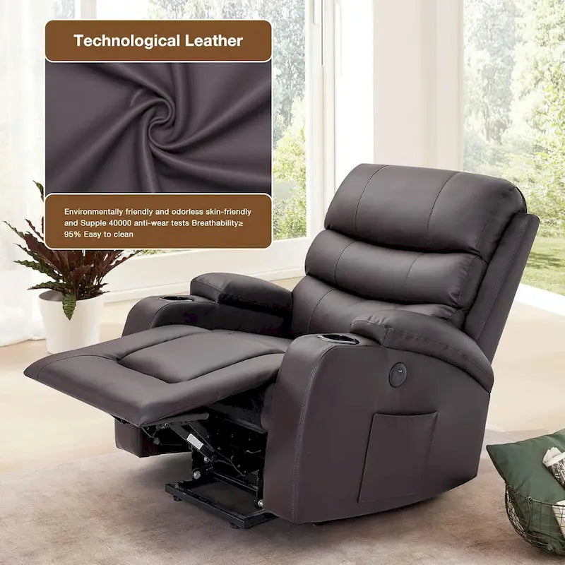 Fauteuil inclinable releveur avec fonction massage et chauffage, en cuir PU, porte-gobelets, port USB, marron et noir