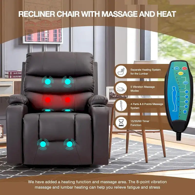 Fauteuil inclinable releveur avec fonction massage et chauffage, en cuir PU, porte-gobelets, port USB, marron et noir
