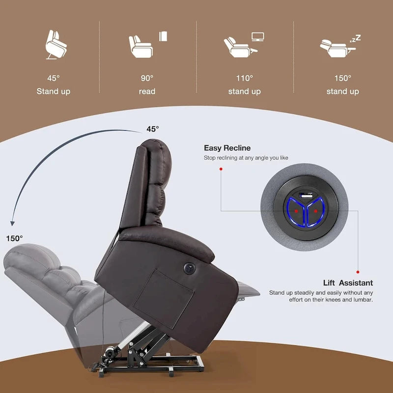 Fauteuil inclinable releveur avec fonction massage et chauffage, en cuir PU, porte-gobelets, port USB, marron et noir