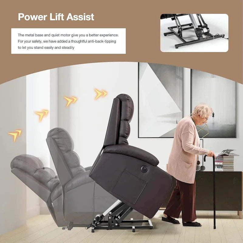 Fauteuil inclinable releveur avec fonction massage et chauffage, en cuir PU, porte-gobelets, port USB, marron et noir