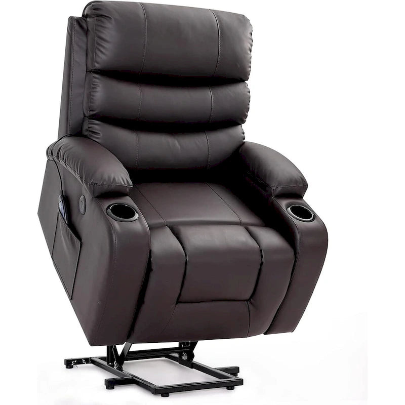 Fauteuil inclinable releveur avec fonction massage et chauffage, en cuir PU, porte-gobelets, port USB, marron et noir