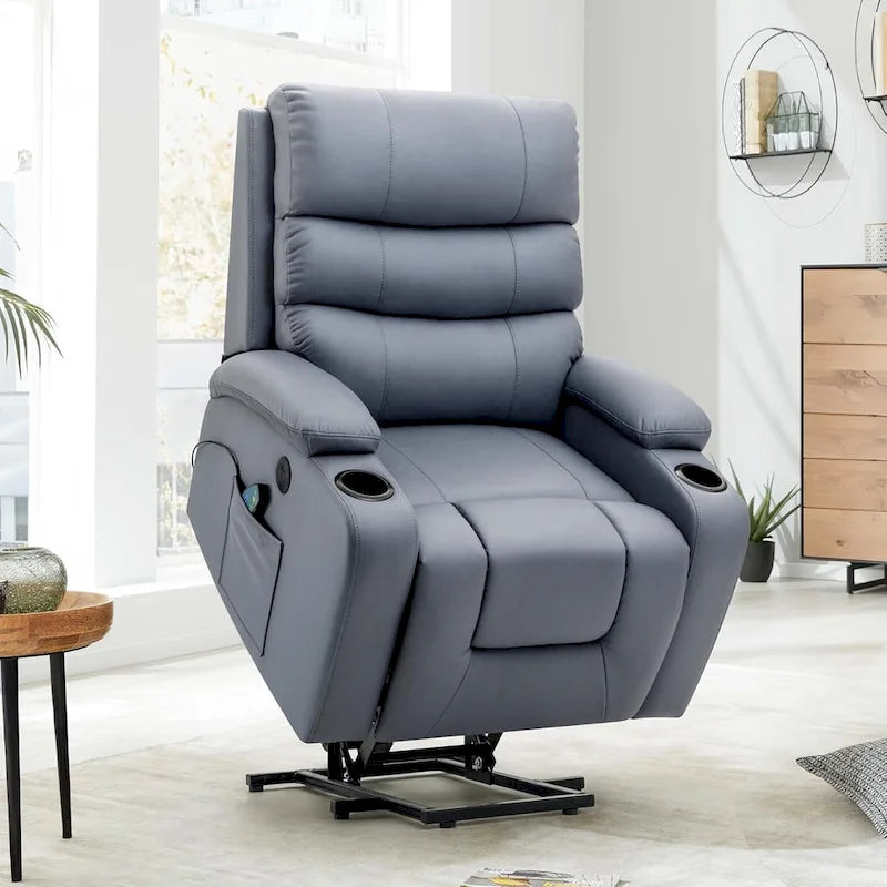 Fauteuil inclinable releveur avec fonction massage et chauffage, en cuir PU, porte-gobelets, port USB, marron et noir