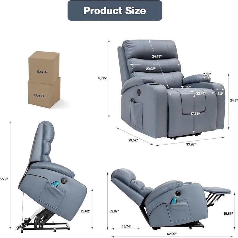 Fauteuil inclinable releveur avec fonction massage et chauffage, en cuir PU, porte-gobelets, port USB, marron et noir