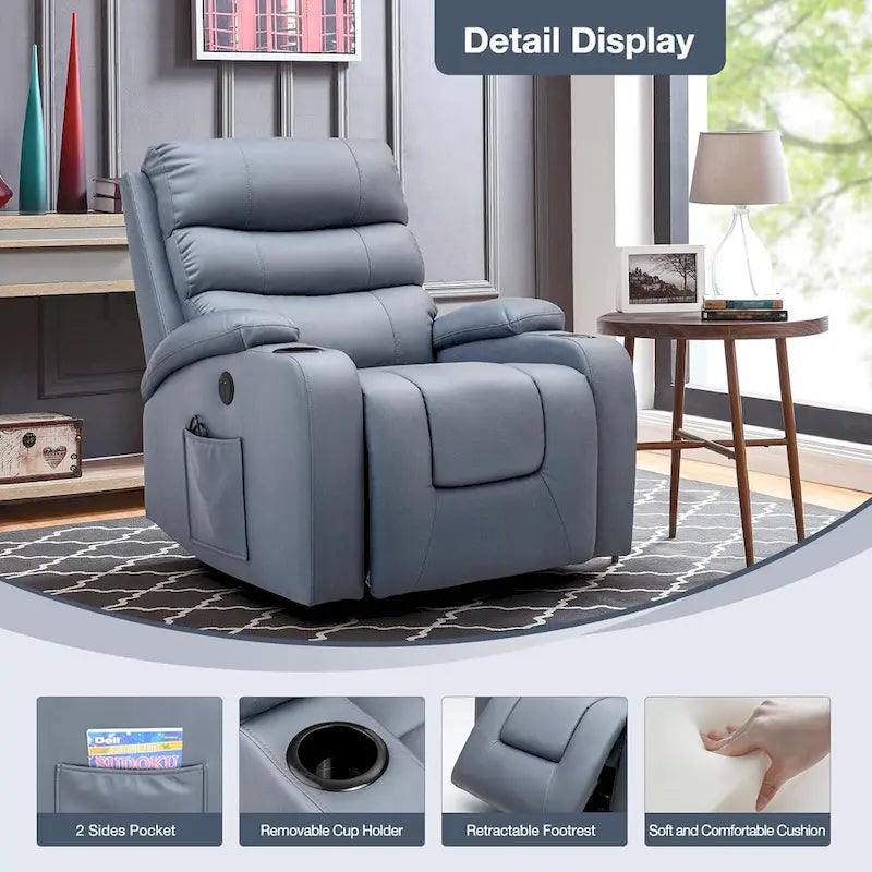 Fauteuil inclinable releveur avec fonction massage et chauffage, en cuir PU, porte-gobelets, port USB, marron et noir