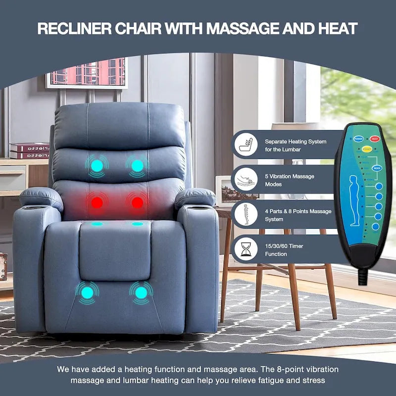 Fauteuil inclinable releveur avec fonction massage et chauffage, en cuir PU, porte-gobelets, port USB, marron et noir