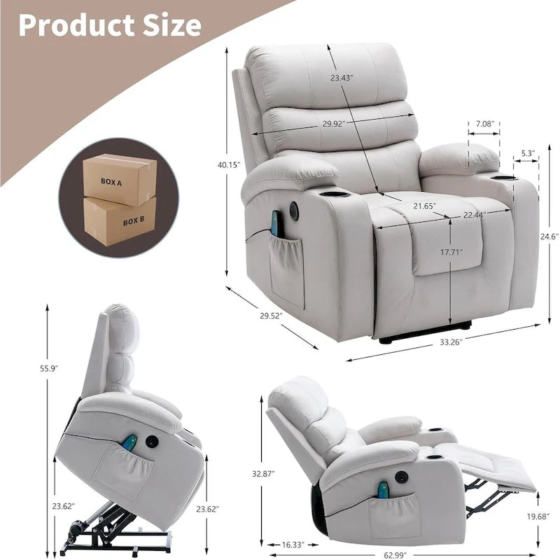 Fauteuil inclinable releveur avec fonction massage et chauffage, en cuir PU, porte-gobelets, port USB, marron et noir