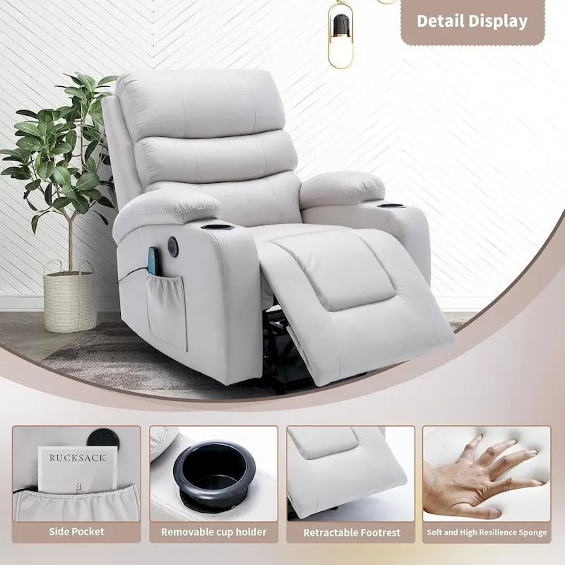 Fauteuil inclinable releveur avec fonction massage et chauffage, en cuir PU, porte-gobelets, port USB, marron et noir