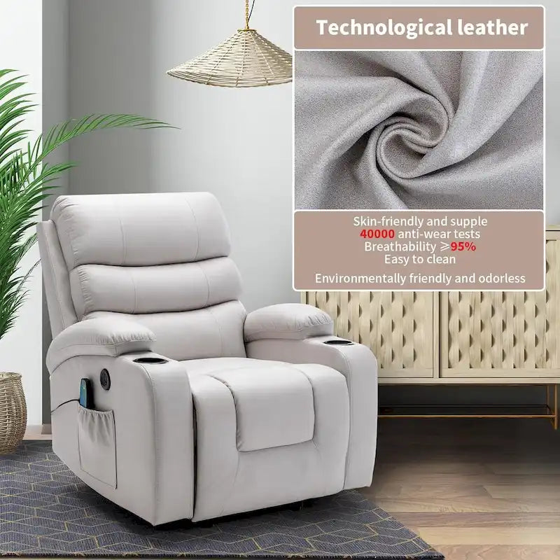 Fauteuil inclinable releveur avec fonction massage et chauffage, en cuir PU, porte-gobelets, port USB, marron et noir