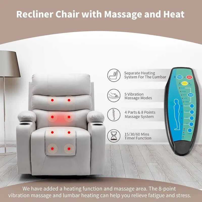 Fauteuil inclinable releveur avec fonction massage et chauffage, en cuir PU, porte-gobelets, port USB, marron et noir