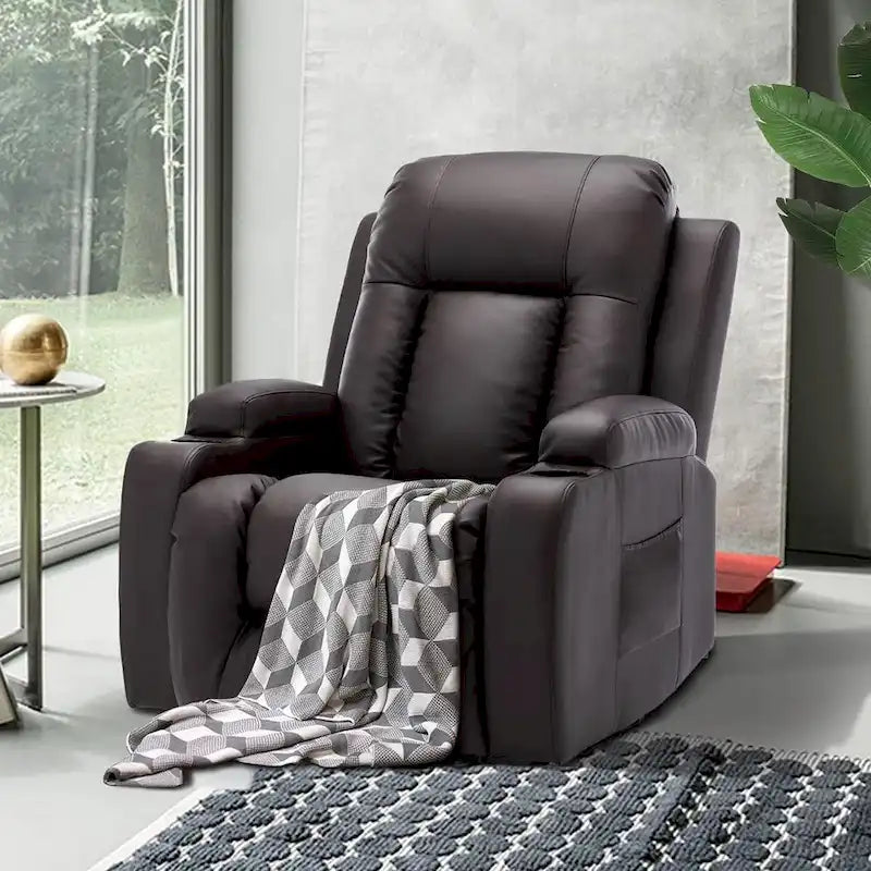 Fauteuil inclinable releveur avec fonction massage et chauffage, en cuir PU, porte-gobelets, port USB, marron et noir