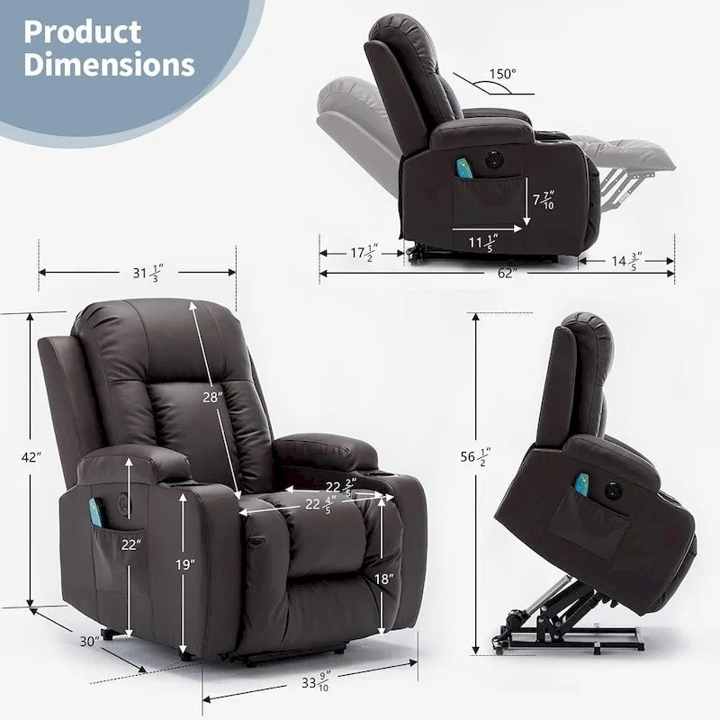 Fauteuil inclinable releveur avec fonction massage et chauffage, en cuir PU, porte-gobelets, port USB, marron et noir