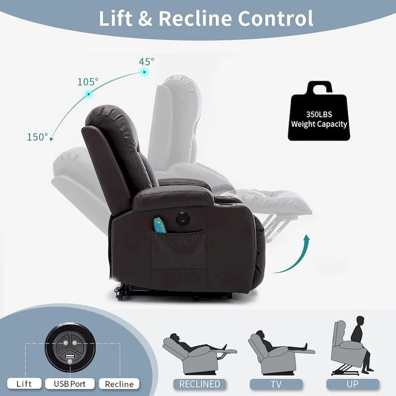 Fauteuil inclinable releveur avec fonction massage et chauffage, en cuir PU, porte-gobelets, port USB, marron et noir